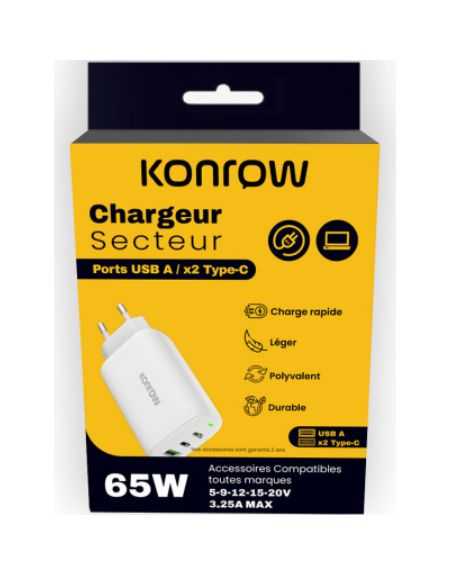 KONROW KC65ACCW CHARGEUR mural Ultrarapide 65W 2USB-C 1xUSB-ABlanc