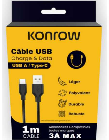  Konrow KCATCNB1 - CABLE CHARGE/SYNC. USB VERS USB-C 1m 3A TresséNoir