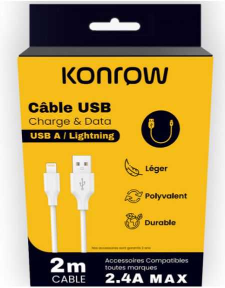  Konrow KCATLPW2-Câble USB Lightning Vers Type A (2m, 2,4A, Blanc)