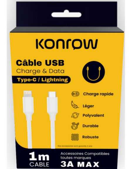  Konrow KCCTLNPDW1 - CABLE USB-C/Lightning 1m 3A Nylon Tressé